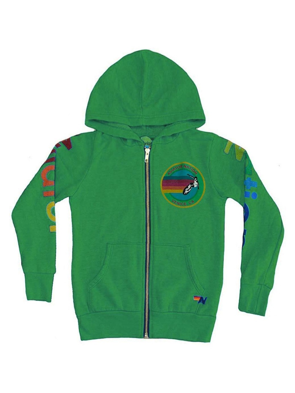 Aviator Nation Green Kids Zip Hoodie with Rainbow Sleeve Graphics